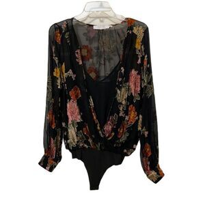 ASTR The Label Black Bodysuit Blouse Womens Small Faux Wrap Floral Built-in Cami